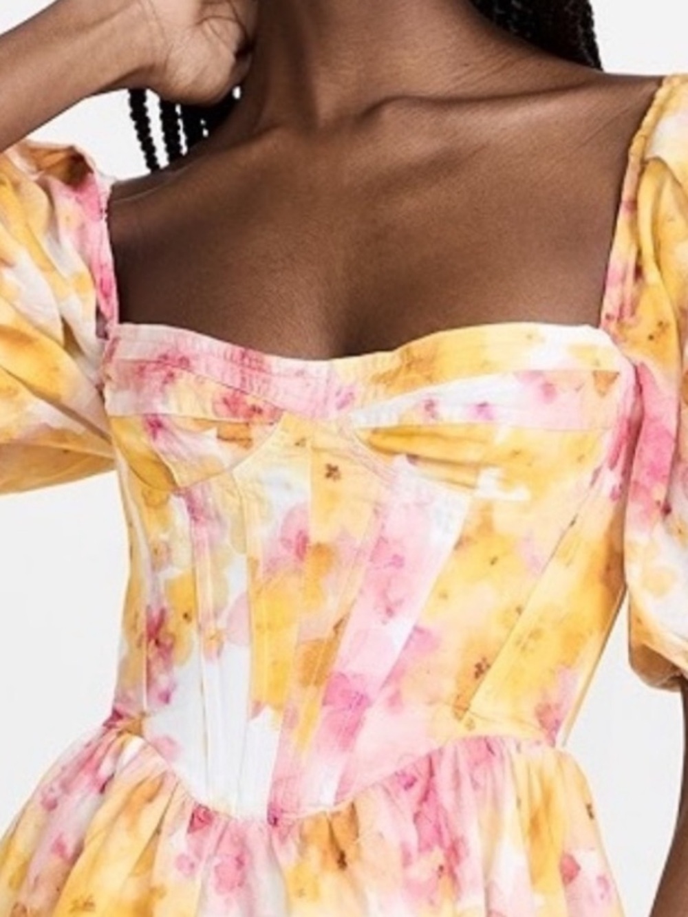 New BARDOT Kiah Floral Print Boned Corset Puff Sleeve Minidress In Pink Yellow L - Picture 5 of 16